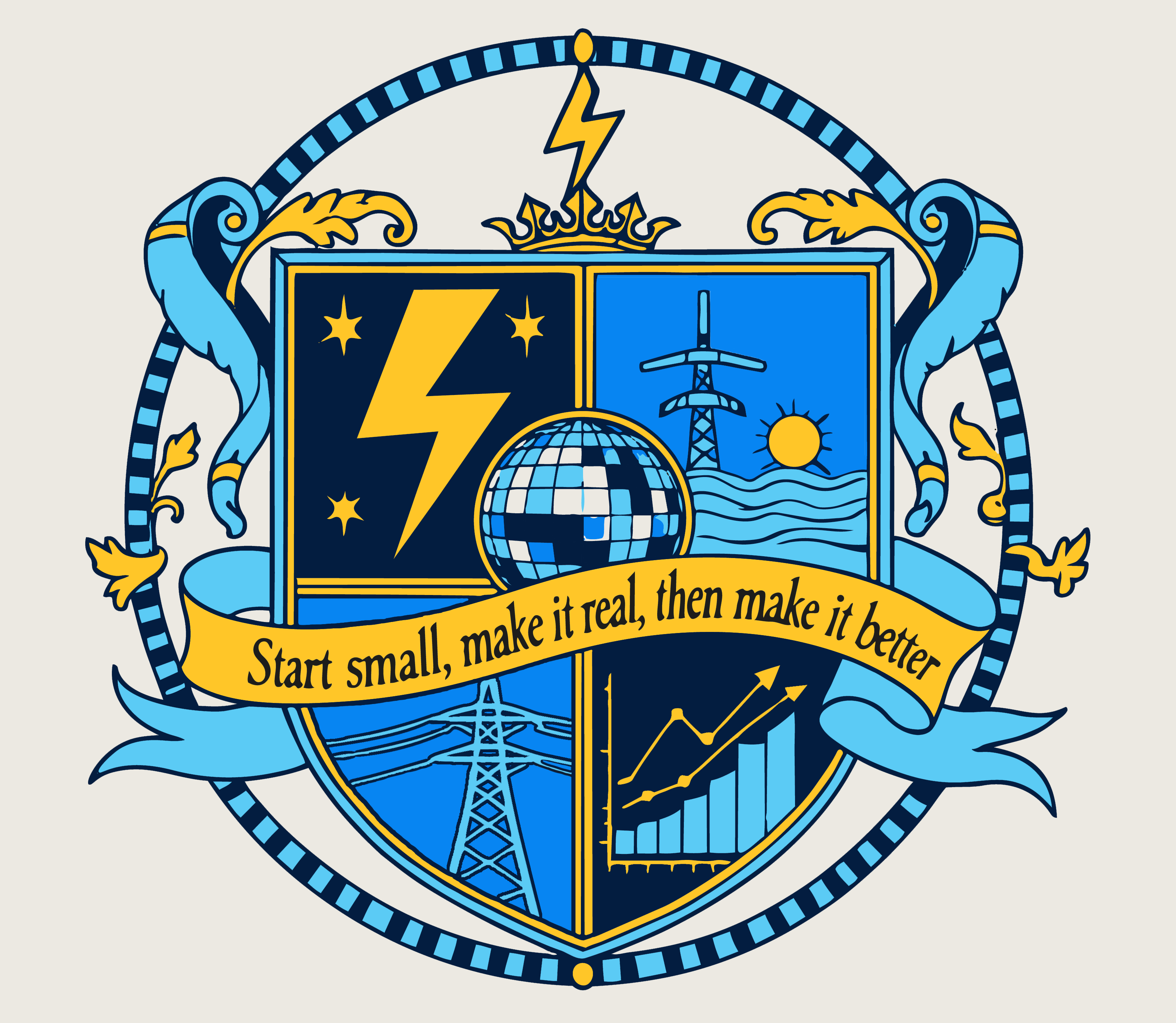 Team crest in coat-of-arms style with a lightning bolt, disco ball, transmission towers, and the motto: start small, make it real, then make it better